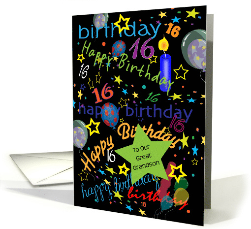 16th Birthday for Great Grandson, balloons, stars card (1490940)