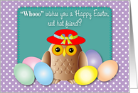 red hat Easter owl, colored eggs card