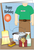 Birthday for Cleaning Man, Broom, Bucket, Spray card