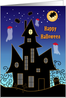 Halloween, Red Hats, Ghosts, Spooky House, Bats card