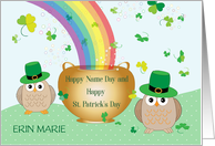 Custom Name Day St Patrick’s Day Rainbow Owls card