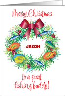 Custom Name Fishing Christmas Wreath card