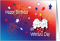 Veterans Day / Happy Birthday, stars, fireworks card
