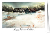 Birthday, February, snow, barn, watercolor card