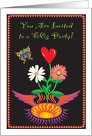 Invitation, To a ’60s Party, flowers, hearts, wings card