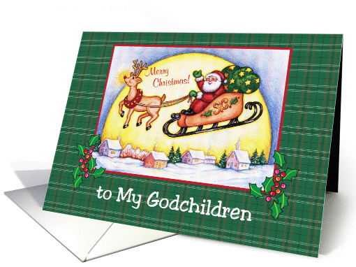 Christmas to Godchildren, Santa in sleigh card (946158)