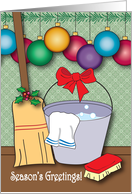 Christmas for Janitor, ornaments, holly, bucket of suds card