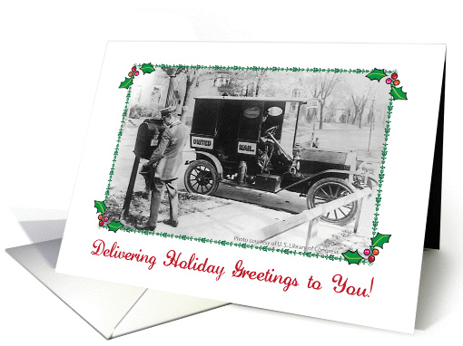 Holiday Greetings From Mail Carrier, vintage photo, holly card