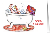 Happy Birthday to Friend Wearing a Red Hat in a Bubble Bath card