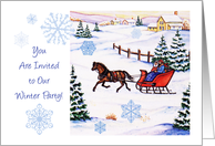 Invitation to Winter Theme Party, snowy scene, horse, sleigh card