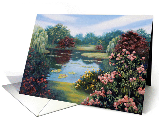 Mystical Garden, Lake, Willow Trees and Flowers card (925858)