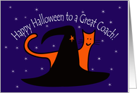 Witches Hat and Orange Cat Happy Halloween Great Coach card