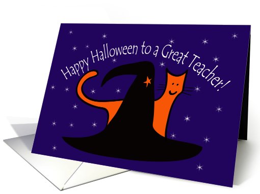 Witches Hat and Orange Cat Happy Halloween Great Teacher card (648351)