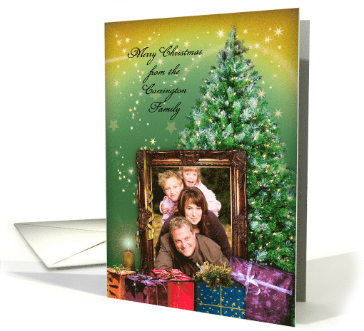 Merry Christmas with your photo in frame, decorated tree, gifts card