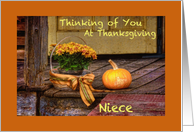 Thinking of Niece at Thanksgiving, Basket of Mums and Pumpkin on Porch card