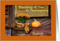 Thinking of Godson at Thanksgiving, Basket of Mums, Pumpkin, Porch card