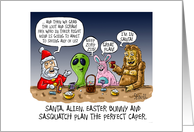 Santa, Easter Bunny, Sasquatch and an Alien Christmas card. card