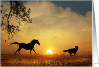 Happy Birthday Dog and Horse Running At Sunrise card