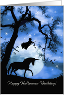 Happy Birthday on Halloween Fun Unicorn and Witch Customizable card