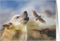 Wolf and Red Tail Hawk Spiritual Native American Birthday card