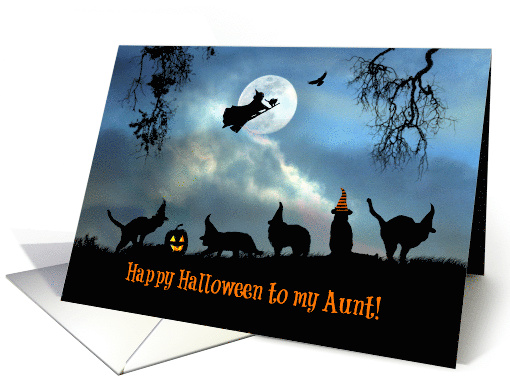 Happy Halloween To Aunt Fun Witch and Black Cats in Hats card
