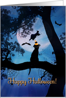 Happy Halloween Black Cat and Witch Cute Greeting card