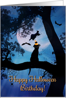 Happy Halloween Birthday Black Cat and Witch Cute Greeting card