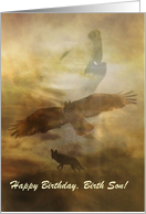 Customizable Happy Birthday to Birth Son Spiritual Wolf Hawk Coyote card