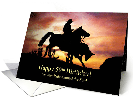 59th Birthday Ride on Horseback with Steer in Southwestern Sunset card