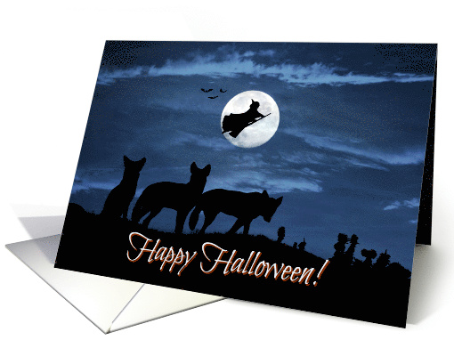 Wild Coyote Wolf Pack Witch and Moon Happy Halloween card (1484272)