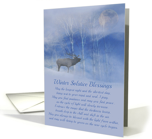 Winter Solstice Blessings, Elk and Snow Full Moon & Birch Trees card