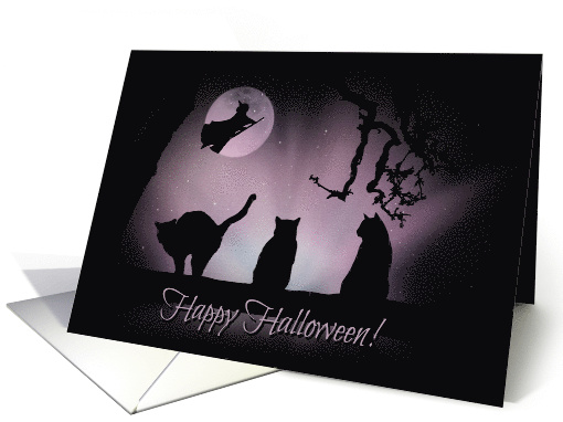 Happy Halloween Black Cats on a Fence with Witch and Moon... (1490496)