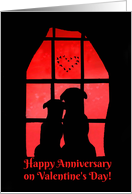 Happy Anniversary on Valentine’s Day Cute Dog Pets in Window card