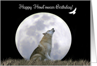 Cute Wolf and Moon Happy Halloween Birthday, Birthday on Halloween card