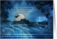 Wine and Witch Halloween, Vineyard and Grapes Cheers Halloween card