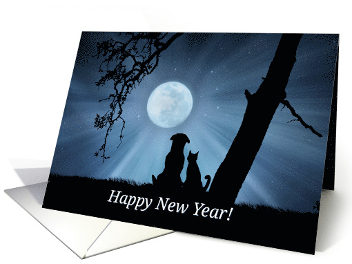 Whimsical Cat and Dog Happy New Year, Pretty Moon and Sky card