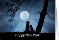 Whimsical Cat and Dog Happy New Year, Pretty Moon and Sky card