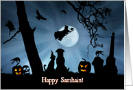 Cute Dog and Cat Happy Samhain Ravens and Skull, Pagan Wicca card