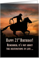 Cowboy and Horse 21st Birthday Silhouetted in Red Sunrise card