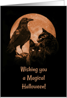 Magical Black Cats and Raven Happy Halloween Gothic with Purple Moon card