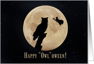 Cute Owl Witch and Cat with Moon Happy Halloween card