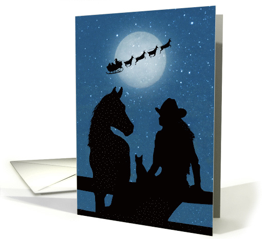 Country Western Cowgirl, Cat Horse and Santa And Sleigh at Night card