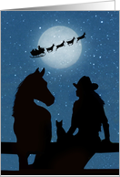 Country Western Cowgirl, Cat Horse and Santa And Sleigh at Night card