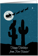 Happy Holidays From New Mexico Saguaro Cactus, Owl, Santa and Sleigh card