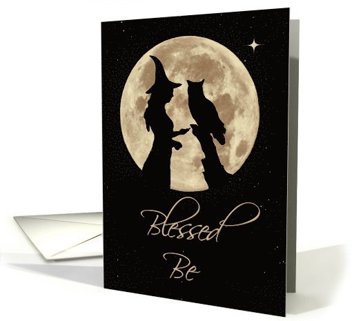 Wicca Pagan Happy Birthday With Owl and Full Moon Blessed Be card