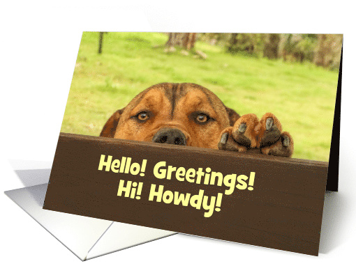 Hi Hello Customizable Puppy Looking over Fence card (1607978)