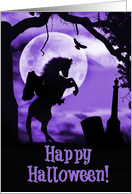 Headless Horseman in a Cemetery Happy Halloween in Purple card