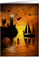 Whimsical and Fun Halloween Magic with Lighthouse Sailboat, Witches, card