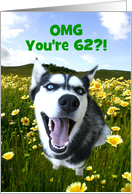 Happy 62nd Birthday Cute Husky with Flowers Custom card