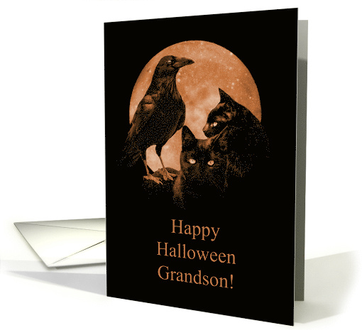Happy Halloween Grandson Gothic Black Cats and Raven card (1643152)